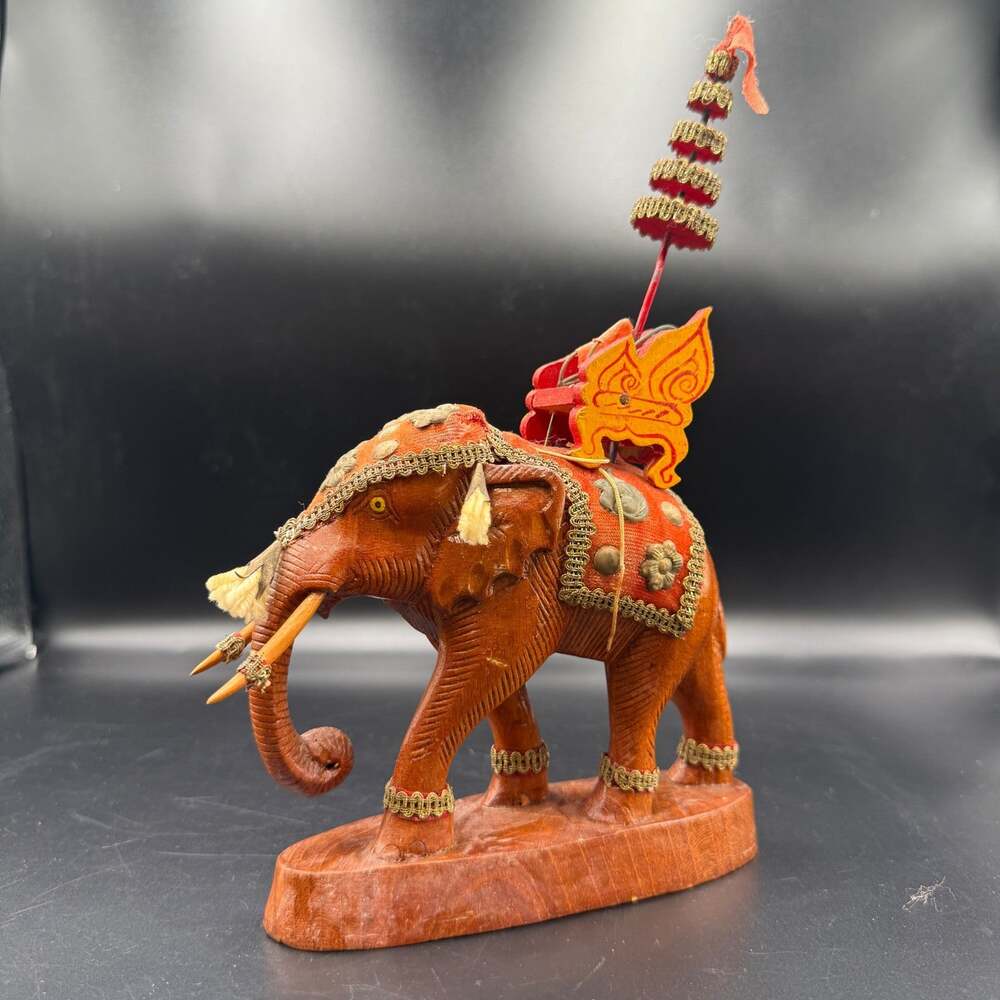 Vintage Hand Carved Wooden Elephant Figurine Traditional Ceremony Decor
